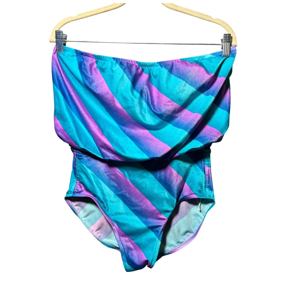 Vintage Jantzen Strapless Blouson One Piece Swimsuit Teal Purple Stripe Sz 12